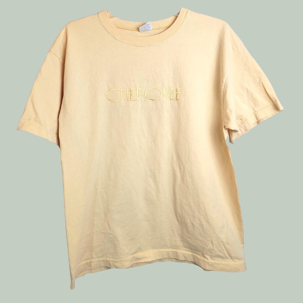 Cherokee T-Shirt VTG 90s Embroidered Logo Streetwear Minimalist Yellow Medium